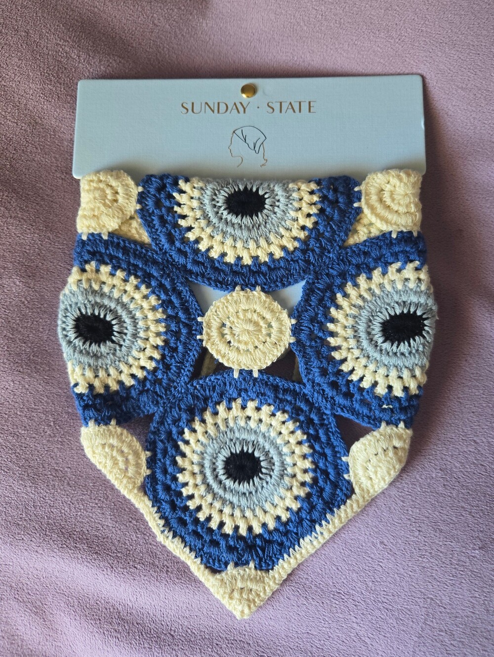 Sunday State Blue & Cream Evil Eye Crochet Bandana Head Scarf NWT